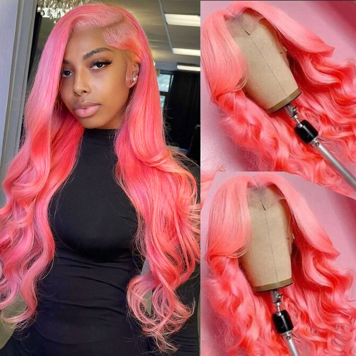 OneMore Barbie Pink Body Wave Wig 13x4 Transparent Lace Front Wig Colored Human Hair Wig