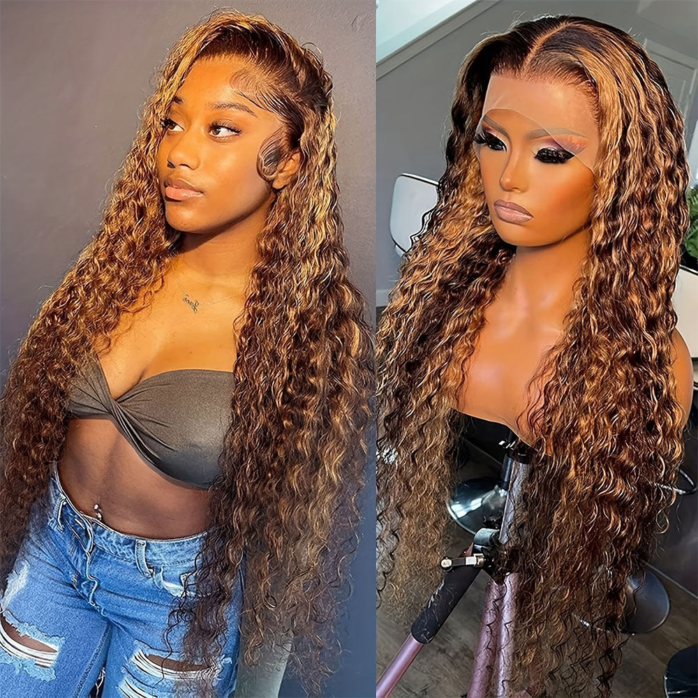 Highlights Hair Deep Wave 13x4 Lace Frontal Wig Brown Hair with Blonde Highlights Glueless Wigs Human Hair