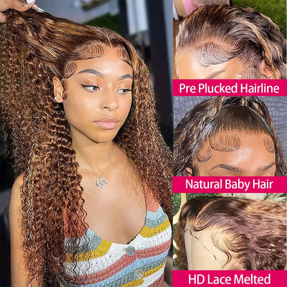 Highlights Hair Deep Wave 13x4 Lace Frontal Wig Brown Hair with Blonde Highlights Glueless Wigs Human Hair