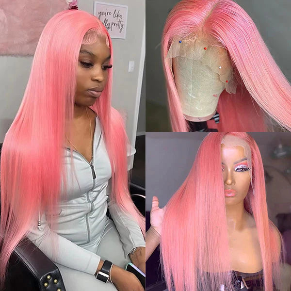 Glueless Human Hair Wigs Light Pink Straight Hair 13x4 HD Lace Wig 613 Colored Barbie Pink Hair