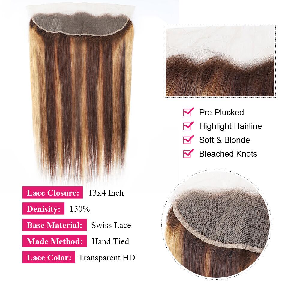 Honey Blonde Highlight Bundles with 13x4 Lace Frontal Closure Straight Human Hair Bundles