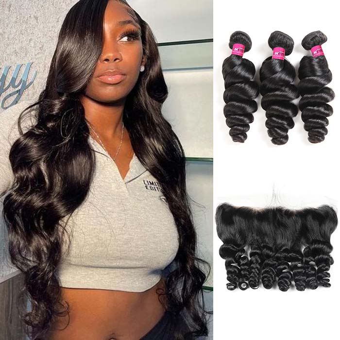 Peruvian Hair Loose Wave 3 Bundles with 13x4 Lace Frontal Closure