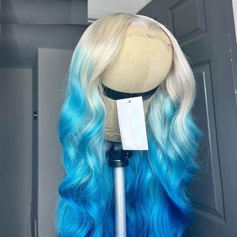 OneMore Colored Wig Ombre Blonde Blue Color 13x4 Lace Front Wig Loose Body Wave Human Hair Wigs