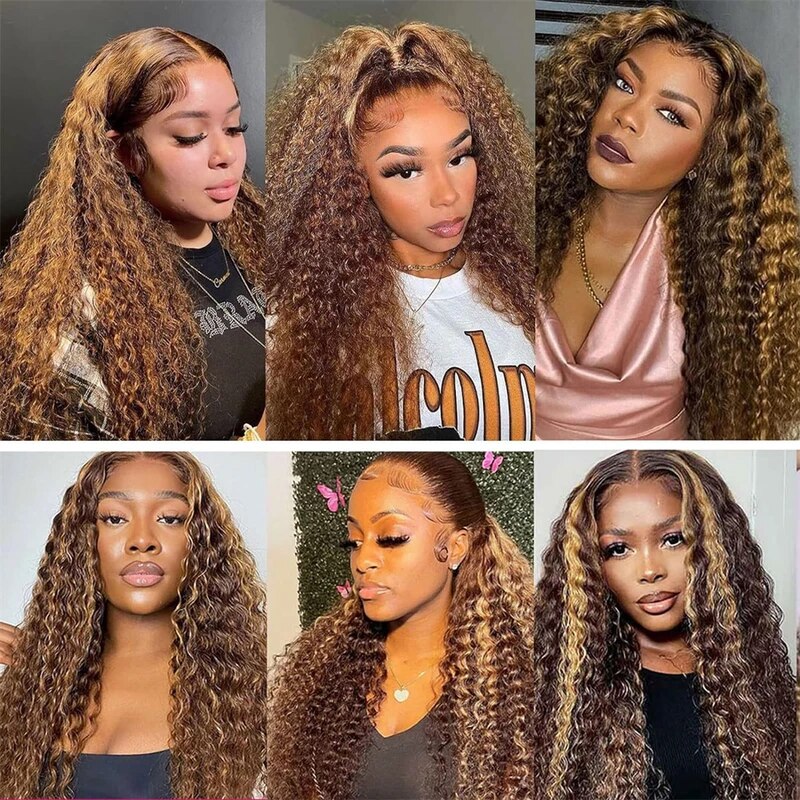 Highlights Hair Deep Wave 13x4 Lace Frontal Wig Brown Hair with Blonde Highlights Glueless Wigs Human Hair