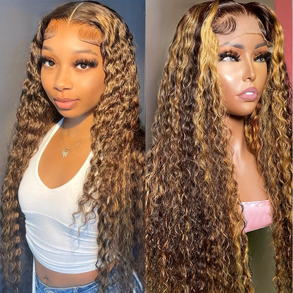 Highlights Hair Deep Wave 13x4 Lace Frontal Wig Brown Hair with Blonde Highlights Glueless Wigs Human Hair