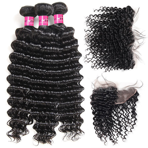 Deep Wave Bundles with Frontal Peruvian Hair 3 Bundles with 13x4 Lace Frontal Closure