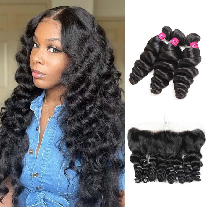 Loose Wave Bundles with Frontal Brazilian Hair 3 Bundles with 13x4 Lace Frontal Closure