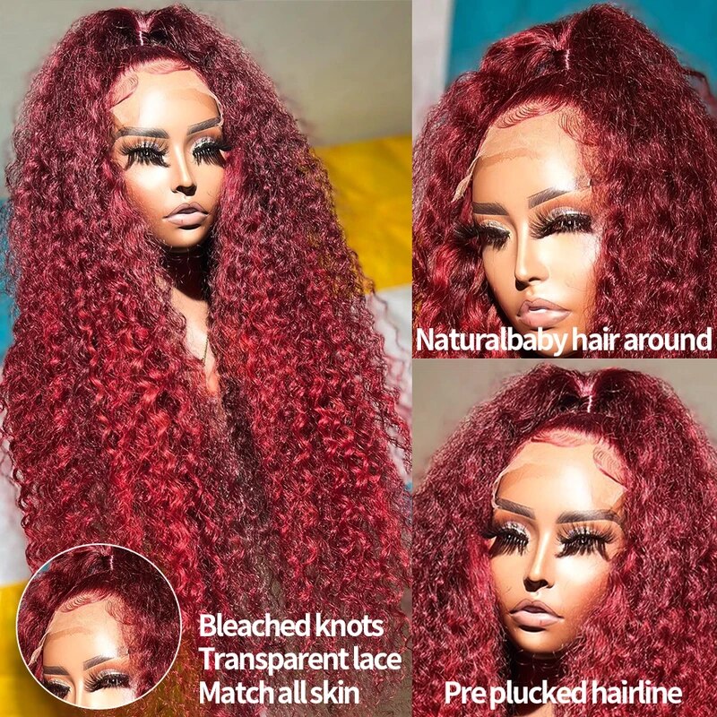 OneMore Burgundy Hair Curly Wig Glueless HD Lace Frontal Wigs 99J Color Human Hair Wigs 30inch