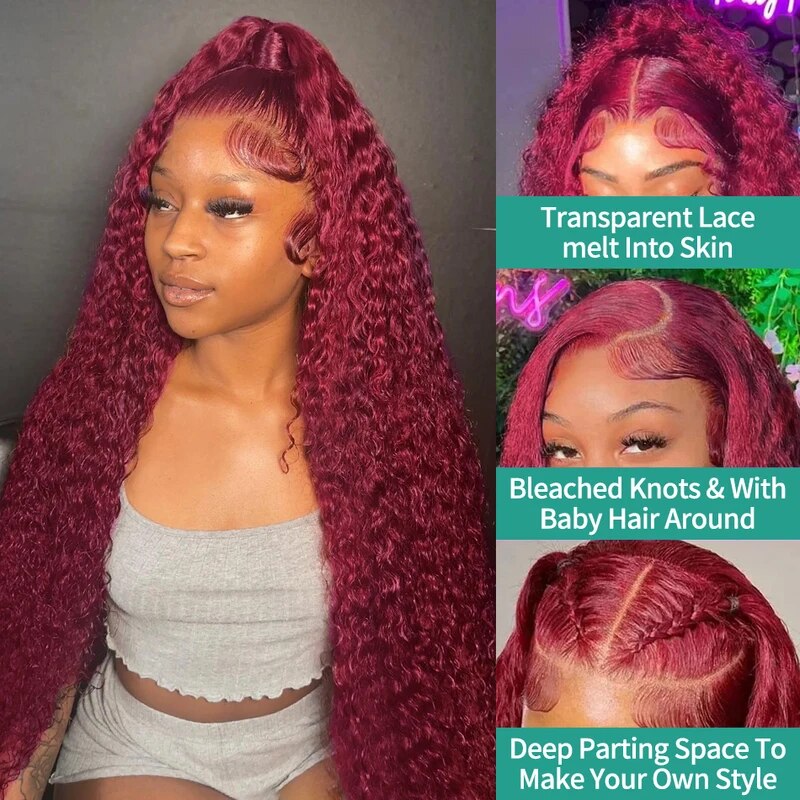 OneMore Burgundy Hair Curly Wig Glueless HD Lace Frontal Wigs 99J Color Human Hair Wigs 30inch