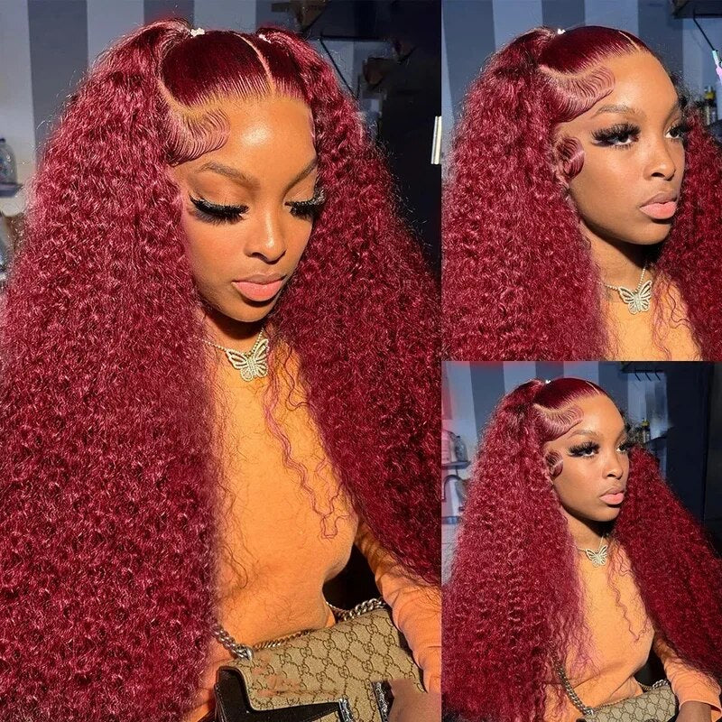 OneMore Burgundy Hair Curly Wig Glueless HD Lace Frontal Wigs 99J Color Human Hair Wigs 30inch
