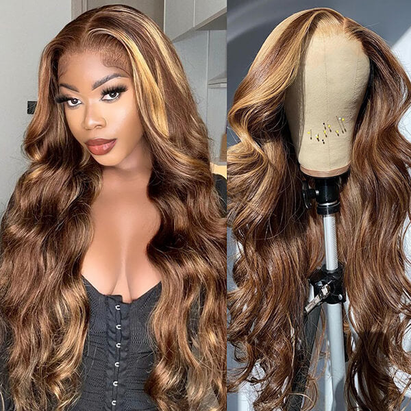 Glueless Ready To Wear Wig Brown Hair with Blonde Highlights Body Wave Lace Front Human Hair Wig