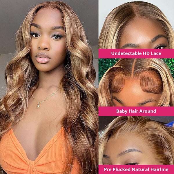 OneMore Highlight Wig Body Wave Pre-Cut Glueless 13x6 Lace Front Wigs Brown Hair with Blonde Highlights