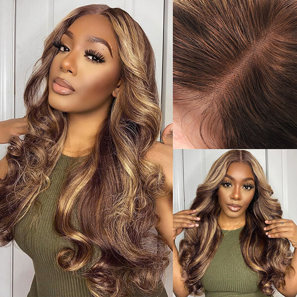 OneMore Highlight Wig Body Wave Pre-Cut Glueless 13x6 Lace Front Wigs Brown Hair with Blonde Highlights