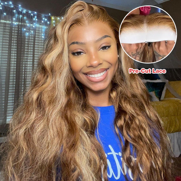 OneMore Highlight Wig Body Wave Pre-Cut Glueless 13x6 Lace Front Wigs Brown Hair with Blonde Highlights