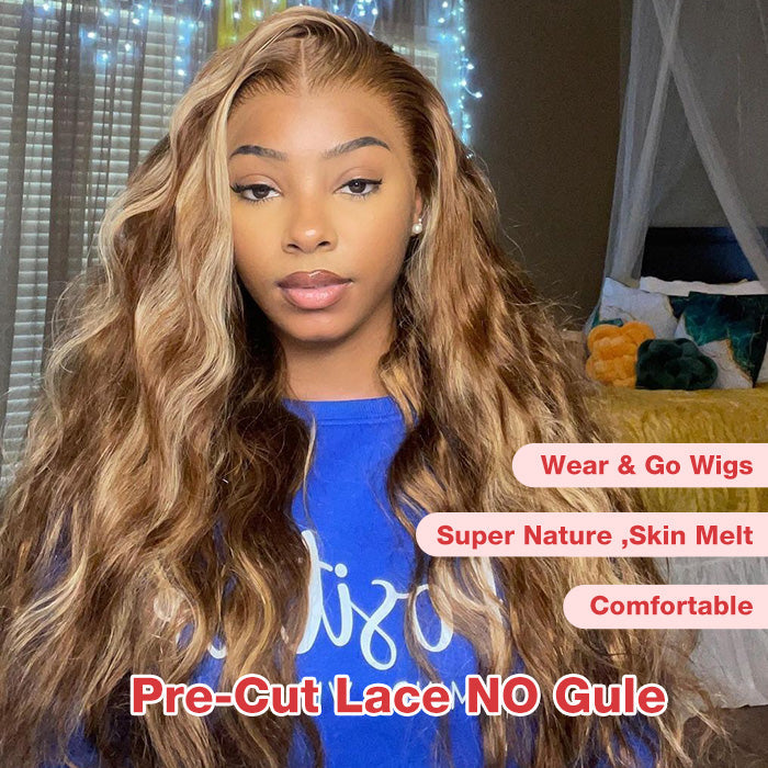 Glueless Wear and Go Wig Brown Hair with Blonde Highlights Body Wave Lace Front Human Hair Wig
