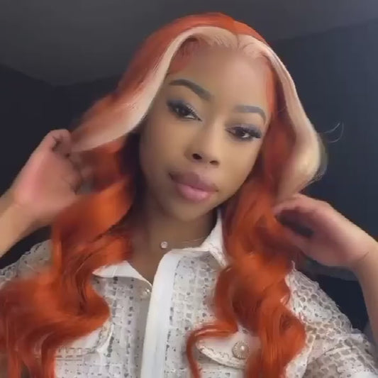 Ginger Hair Color with Blonde Highlights Body Wave Lace Frontal Wig Human Hair Skunk Stripe Wig