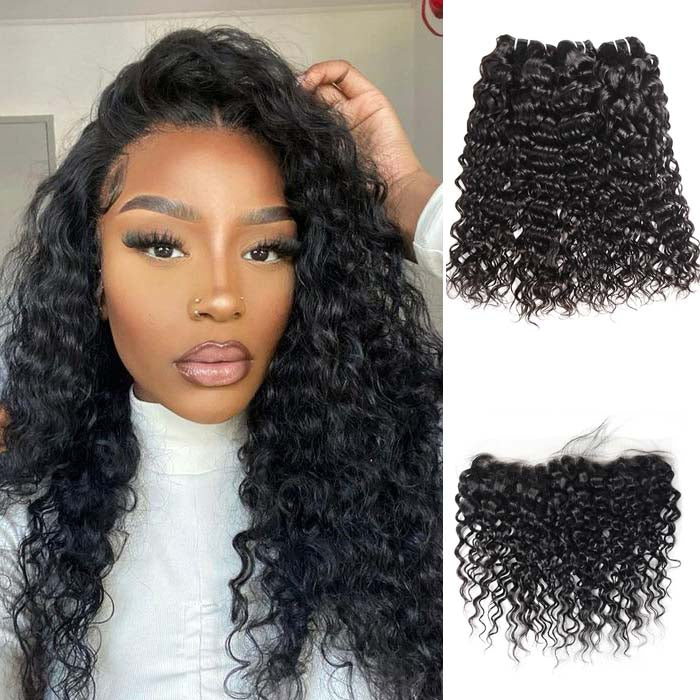 Water Wave Bundles with Lace Frontal Peruvian Hair 3 Bundles with 13x4 Lace Frontal Closure