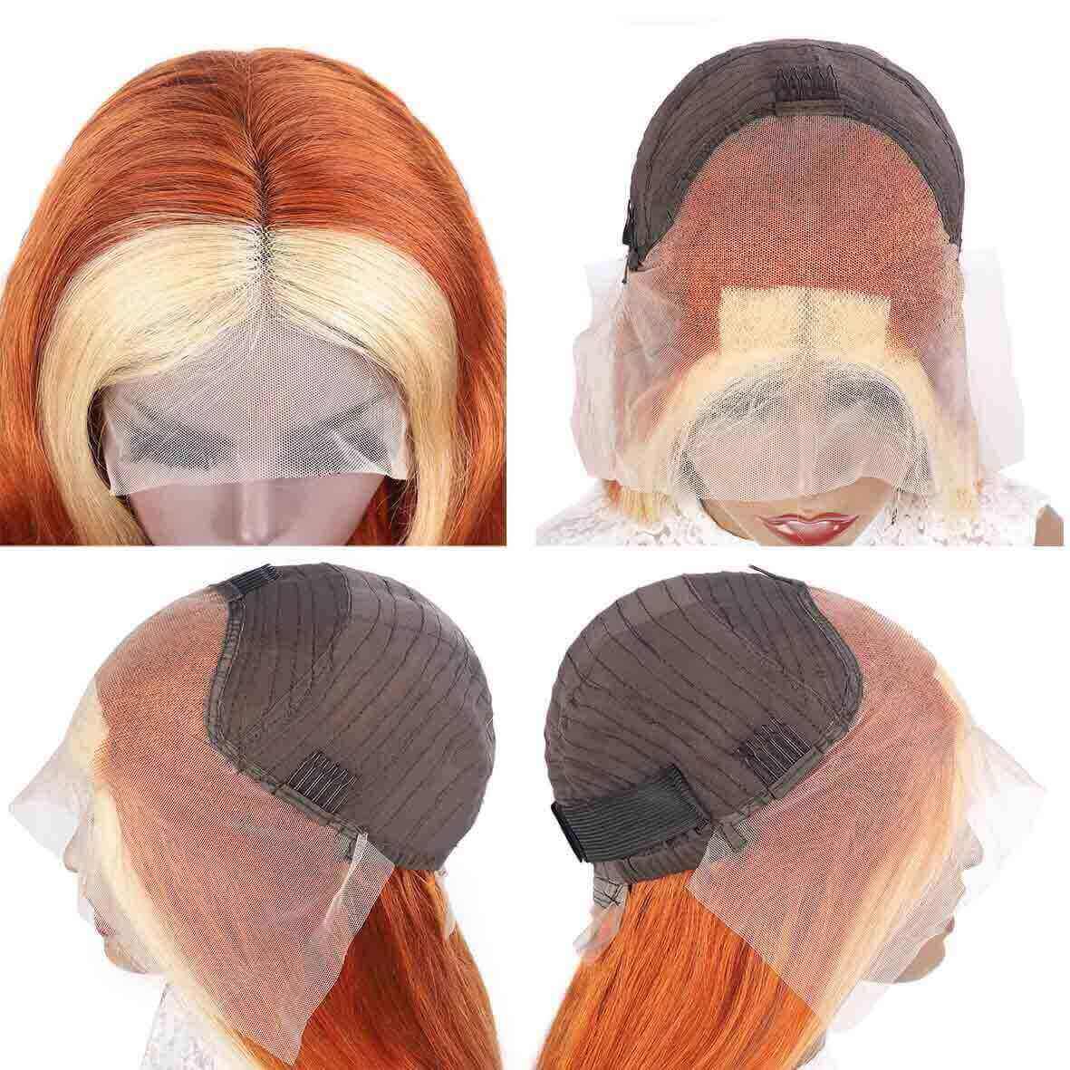 Ginger Hair Color with Blonde Highlights Body Wave Lace Frontal Wig Human Hair Skunk Stripe Wig