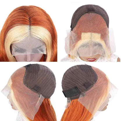 Ginger Hair Color with Blonde Highlights Body Wave Lace Frontal Wig Human Hair Skunk Stripe Wig