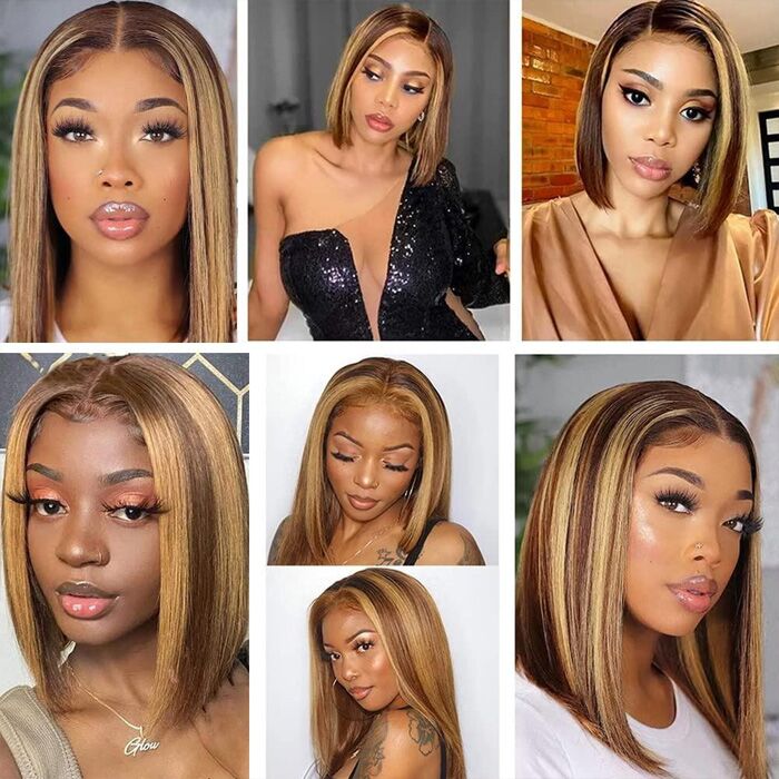 Highlights Bob Wig Straight Hair Pre Cut HD Lace Front Wig Glueless Ready To Wear Wigs