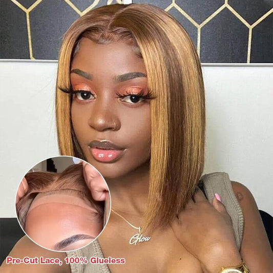 Highlights Bob Wig Straight Hair Pre Cut HD Lace Front Wig Glueless Ready To Wear Wigs