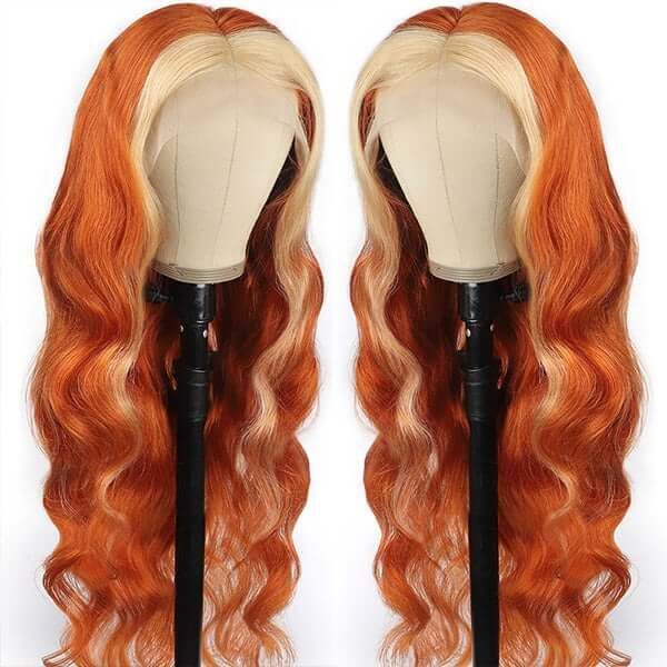 Ginger Hair Color with Blonde Highlights Body Wave Lace Frontal Wig Human Hair Skunk Stripe Wig