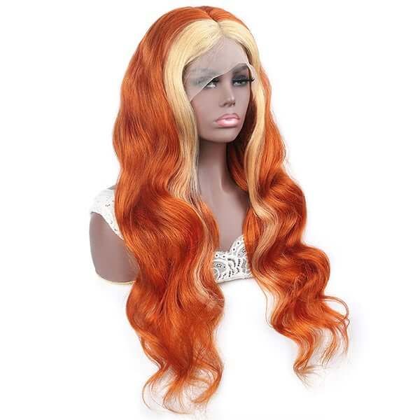 Ginger Hair Color with Blonde Highlights Body Wave Lace Frontal Wig Human Hair Skunk Stripe Wig