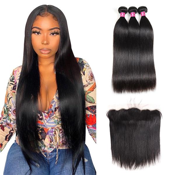 Straight Hair Bundles with Frontal Peruvian Human Hair 3 Bundles with 13x4 Lace Frontal Closure