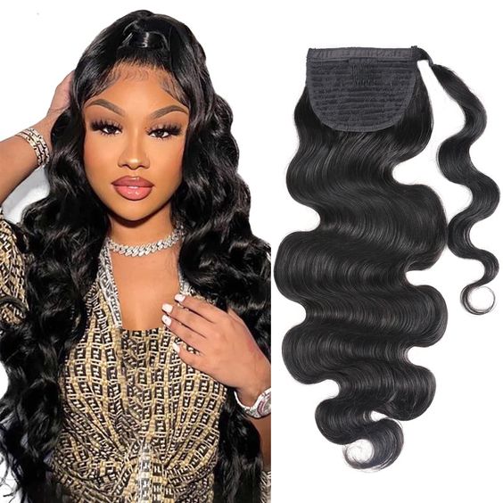 Body Wave Ponytail Human Hair Extension Long Wavy Wrap Around Clip In ...