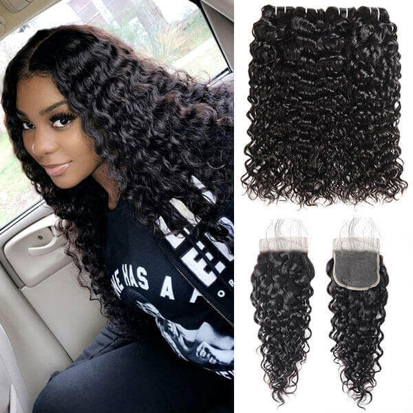 Brazilian Water Wave Hair 4 Bundles with 4*4 Lace Closure Real Human Hair