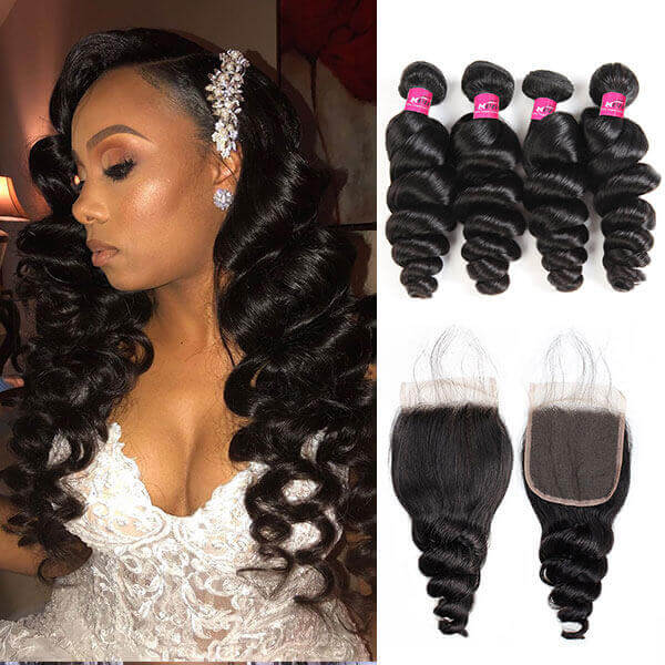 One More 10A Virgin Hair Loose Wave 4 Bundles with 4*4 Lace Closure