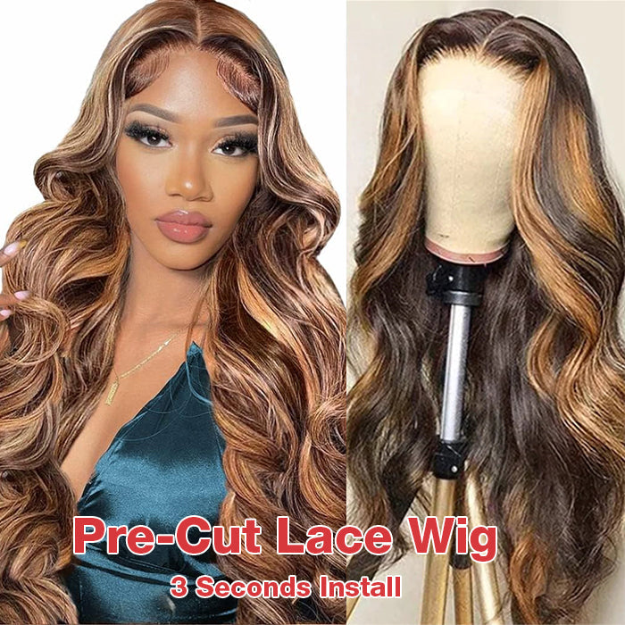 OneMore Wear & Go Highlight Wig Body Wave Pre-Cut Glueless 13x6 Lace Front Wigs Brown Hair with Blonde Highlights