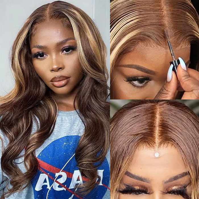OneMore Highlight Wig Body Wave Pre-Cut Glueless 13x6 Lace Front Wigs Brown Hair with Blonde Highlights