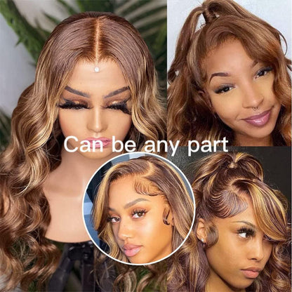OneMore Highlight Wig Body Wave Pre-Cut Glueless 13x6 Lace Front Wigs Brown Hair with Blonde Highlights