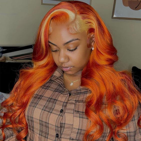 Ginger Hair Color with Blonde Highlights Body Wave Lace Frontal Wig Human Hair Skunk Stripe Wig
