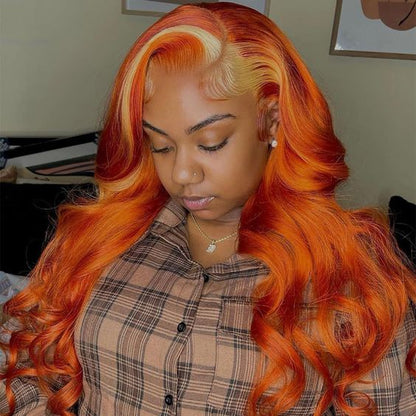 Ginger Hair Color with Blonde Highlights Body Wave Lace Frontal Wig Human Hair Skunk Stripe Wig