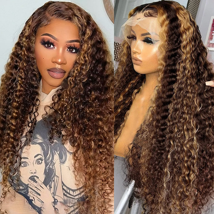 Honey Blonde Highlight Deep Wave Wig 13x4 Lace Front Wig Colored Human Hair Lace Wig