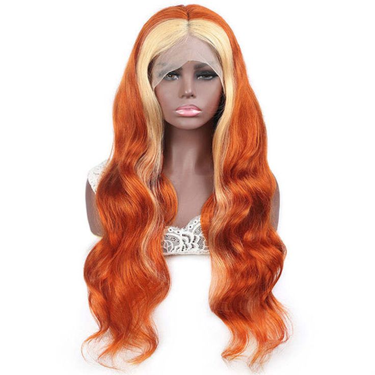 Ginger Hair Color with Blonde Highlights Body Wave Lace Frontal Wig Human Hair Skunk Stripe Wig