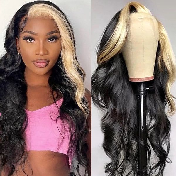 OneMore Skunk Stripe Hair Body Wave 13x4 Lace Front Wig Black with Blonde HD Lace Wig