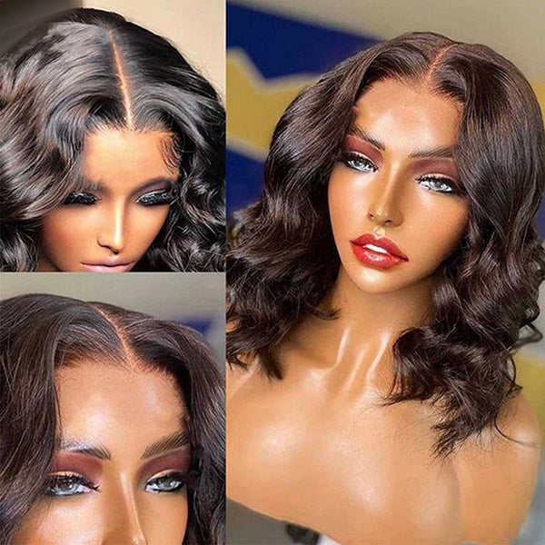 Loose Body Wave Bob Wigs Pre-Cut Lace Wigs Human Hair Short Lace Front Wig Bleached Knots