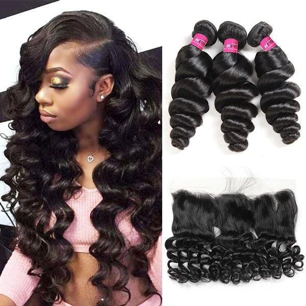 Loose Wave Bundles with Frontal Brazilian Hair 3 Bundles with 13x4 Lace Frontal Closure