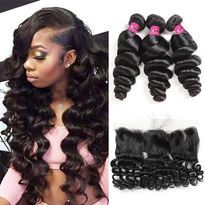Loose Wave Bundles with Frontal Brazilian Hair 3 Bundles with 13x4 Lace Frontal Closure