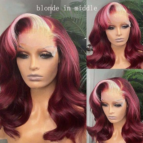 Skunk Stripe Hair Burgundy Color 13x4 Lace Front Wig 99J Hair Color Glueless Wigs for Beginners
