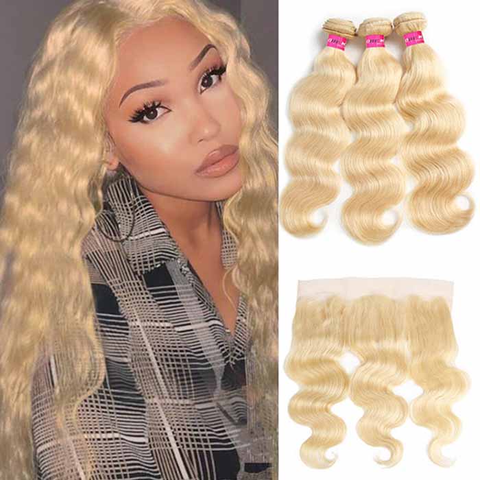 Honey Blonde Body Wave Human Hair Bundles with 13x4 Transparent Lace Frontal Closure