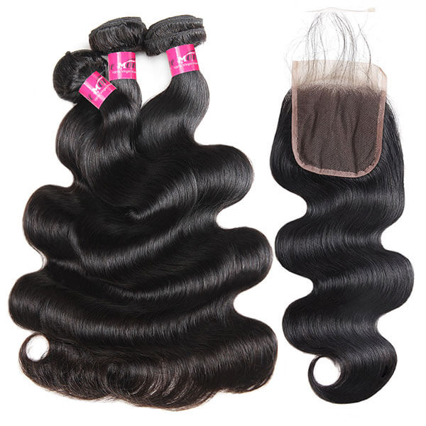 Indian body wave hair 3 bundles with closure