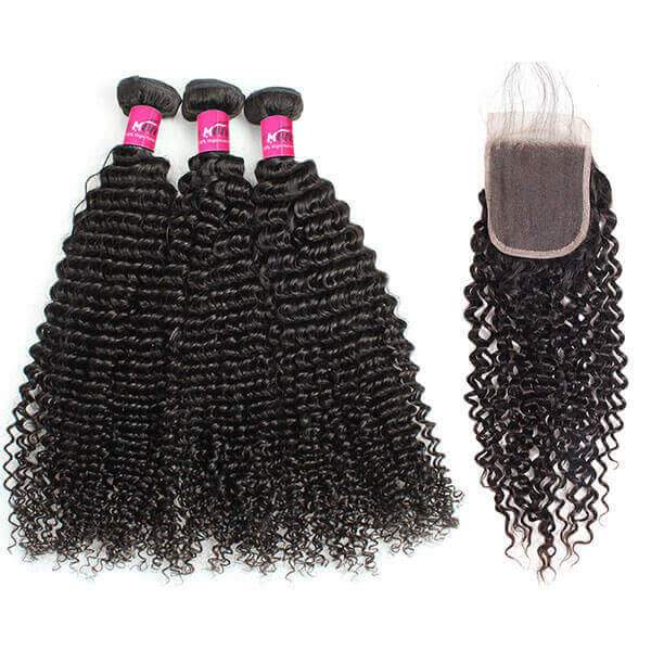 Virgin Peruvian Curly Hair 3 Bundles with 4*4 Lace Closure - OneMoreHair