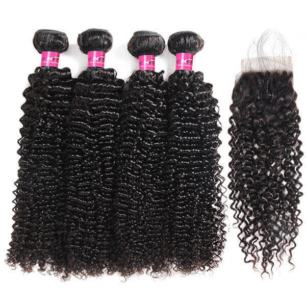 Brazilian Curly Hair Weave 4 Bundles with 4*4 Lace Closure