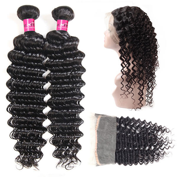 Virgin Indian Deep Wave Hair 360 Lace Frontal with 2 Bundles One More Hair