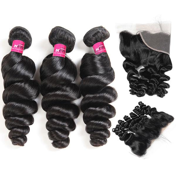 Virgin Peruvian Loose Wave Hair 3 Bundles with 13*4 Lace Frontal Closure - OneMoreHair