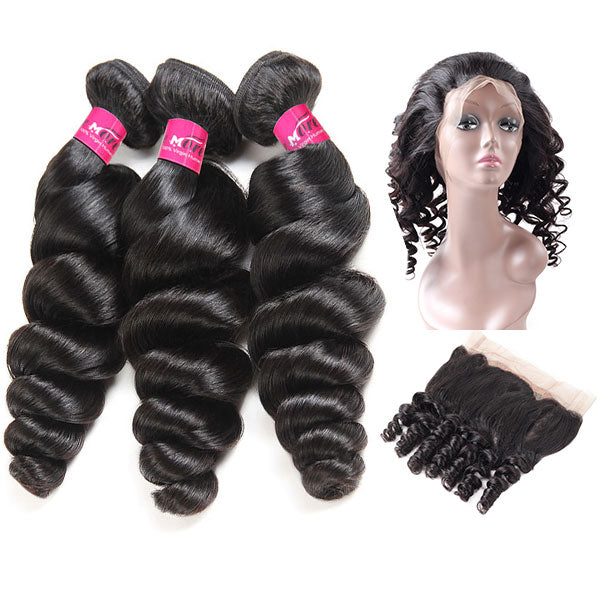 Loose Wave Bundles with Frontal Hair Bundles with 360 Frontal Remy 100% Human Hair Extensions